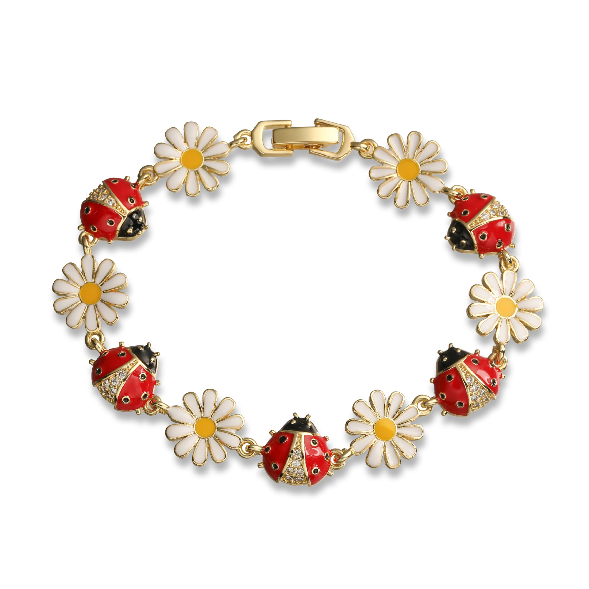 Fresh and Cute Colorful Drip Oil Beetle Daisy Patchwork Bracelet for Women Unique Flower Ladybug Bangle