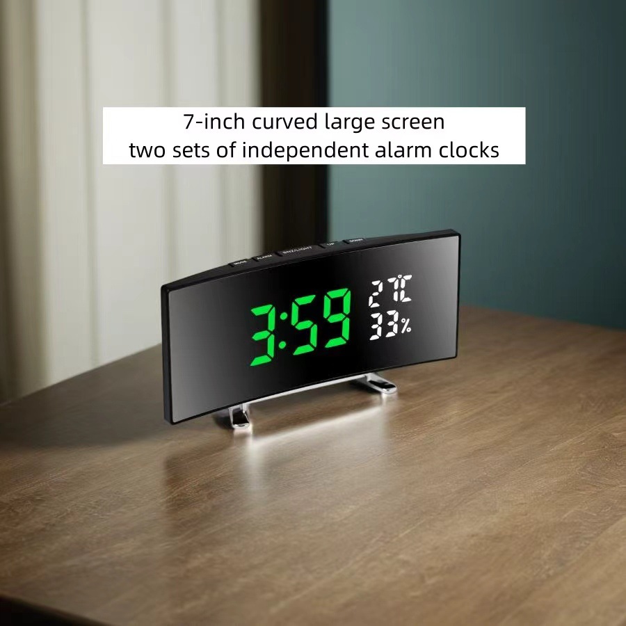 6508 curved large screen temperature and humidity LED alarm clock multifunctional smart bedside night light clock mirror desktop