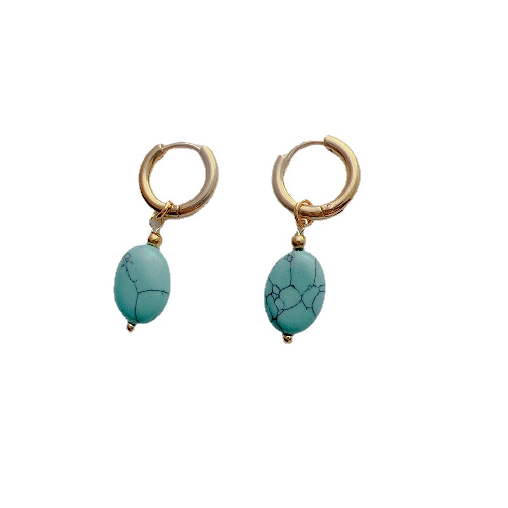 Oval-Shaped Earrings with Wind-Style Clasps, Titanium Steel and Natural Stone