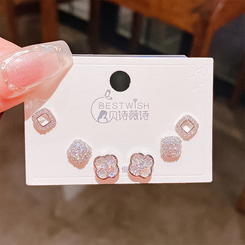 2026 flower geometric zircon exquisite three pairs of earrings, 6-piece set earrings