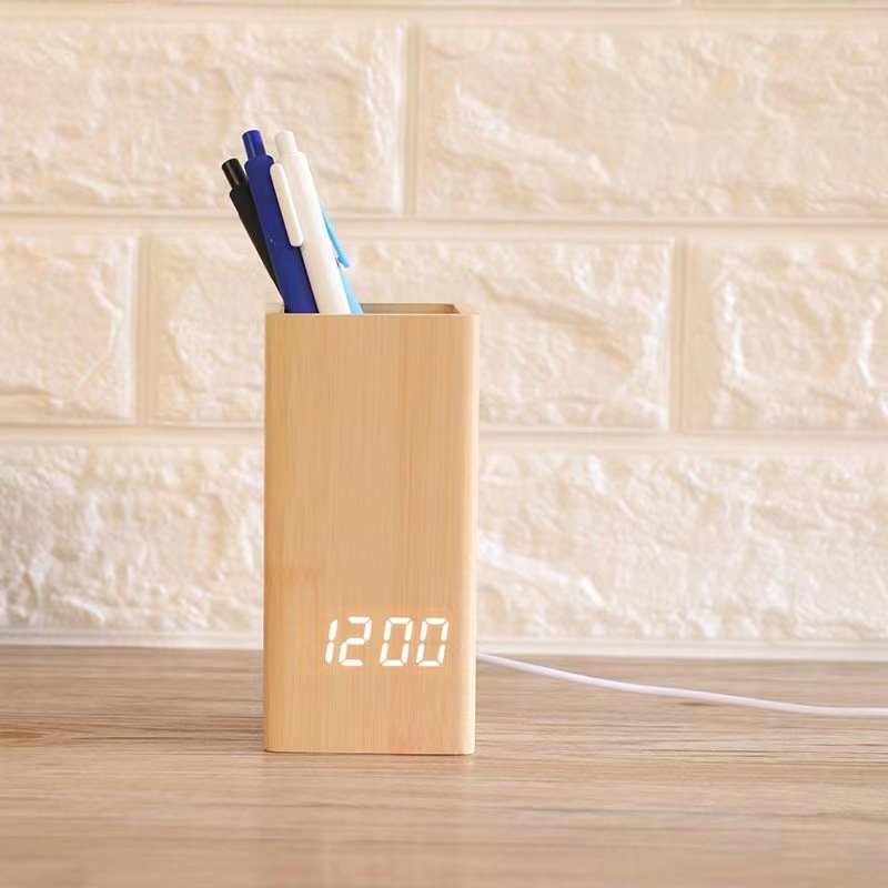 Pen Holder Clock LED Electronic Clock Student Stationery Desktop Alarm Clock Voice Control Perpetual Calendar Electronic Clock Thermometer
