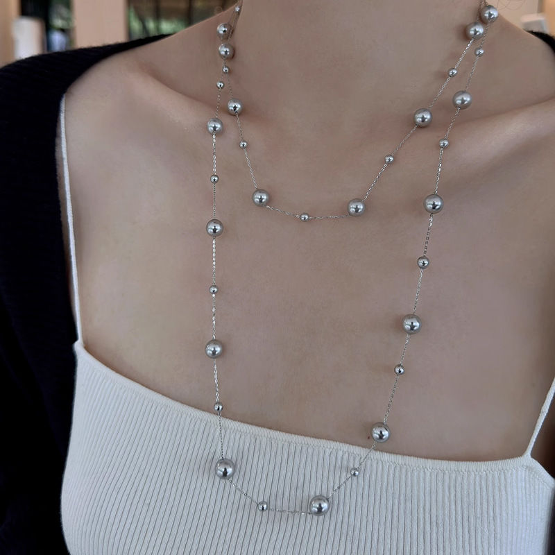 Long starry sky gray pearl necklace sweater chain commuter texture spacer bead women