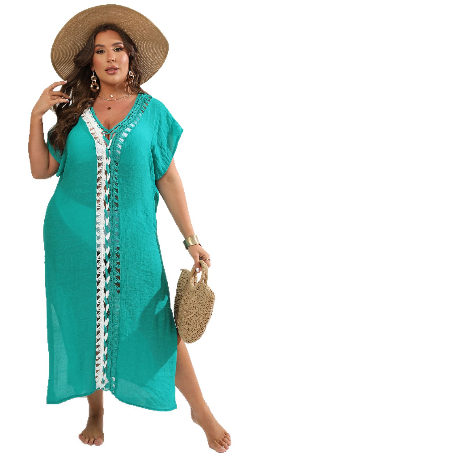 Vacation Beach Cover-Up Plus Size Women's Hand-Crocheted Contrast Color Deep V Split Dress 200250
