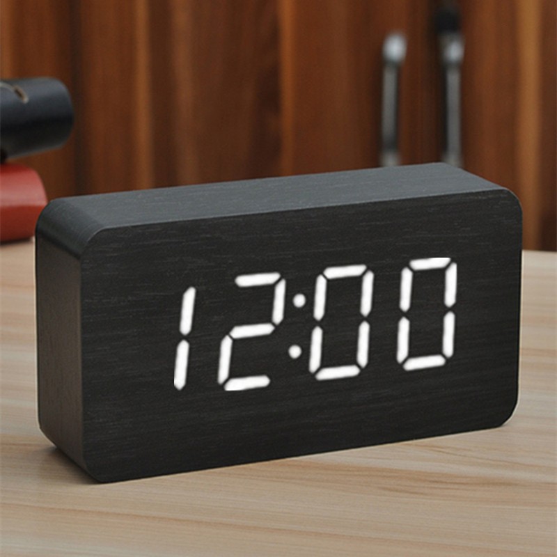 Wooden alarm clock LED student rechargeable digital display electronic voice control clock Nordic style wood