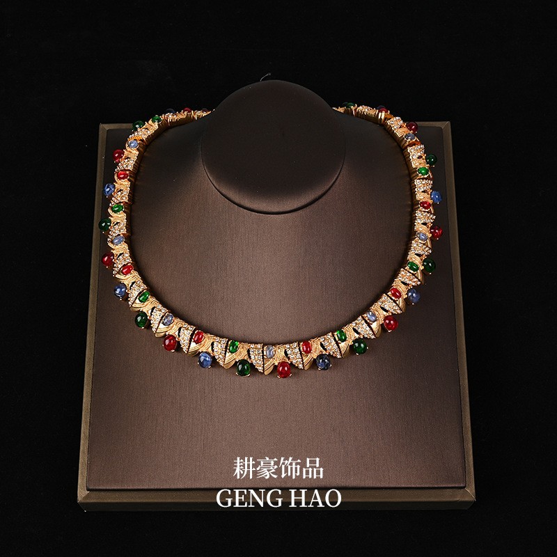 Vintage copper inlaid rhinestone necklace earring bracelet elegant cheongsam