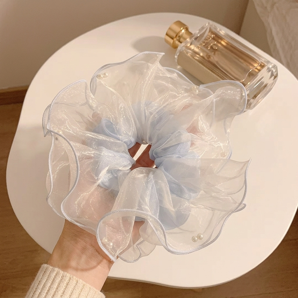 86#清新薄荷蓝多层轻纱珍珠约18cm