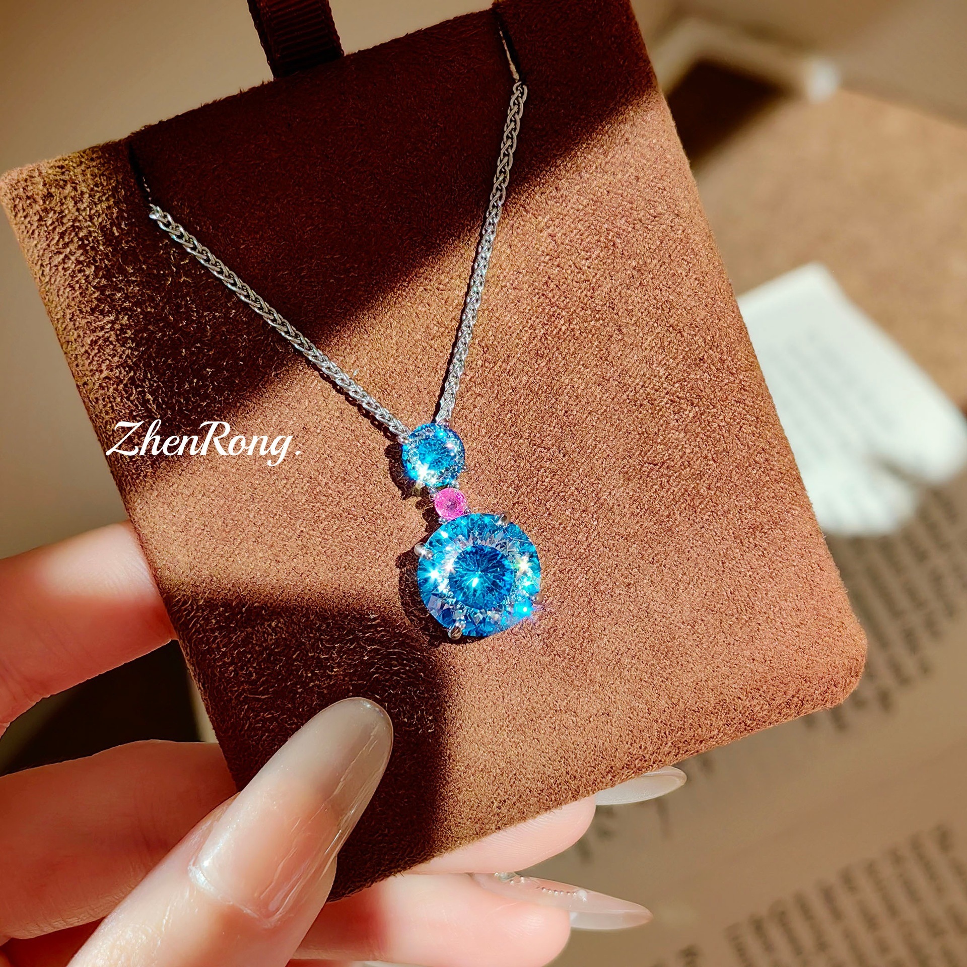 炫彩 pink diamond color gem set brilliant fire cut Paraiba pendant open ring Tanzanite blue earrings women copper