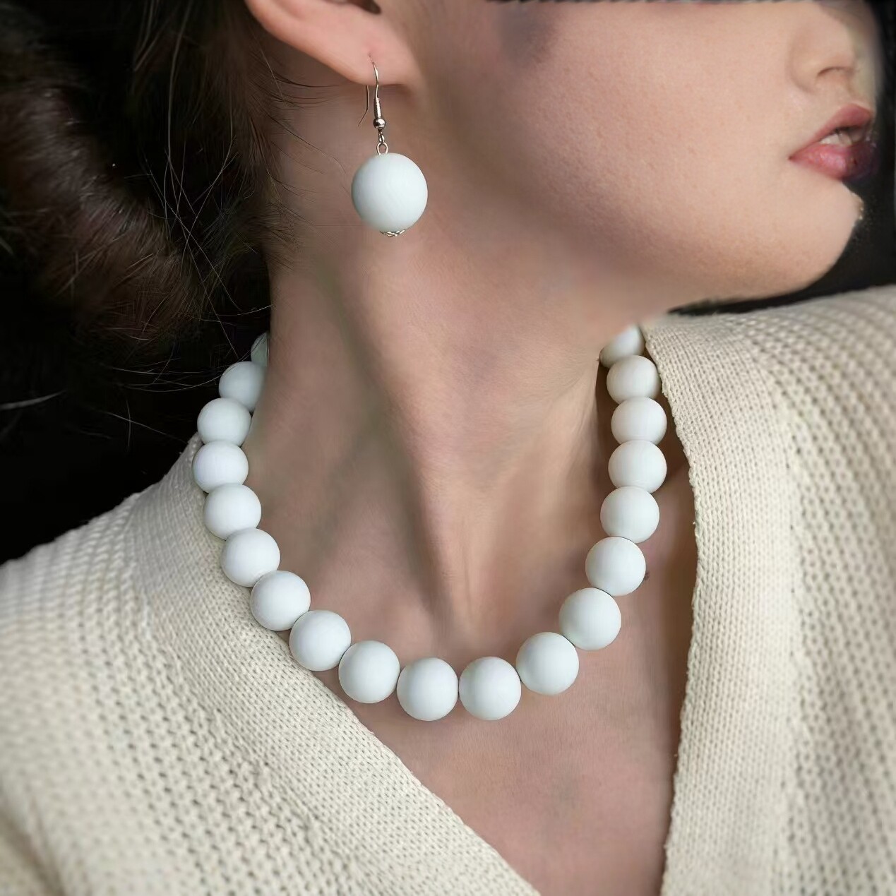 Fresh imitation pearl necklace earring set women round bead锁骨链 simple accessories three-piece set