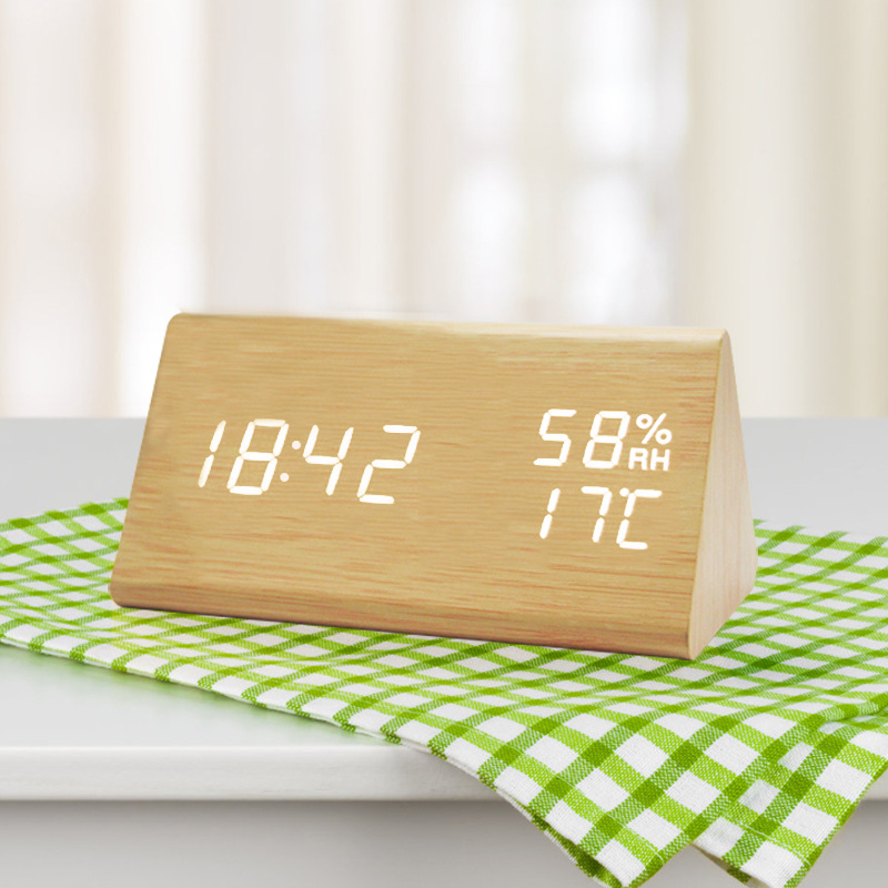 New Temperature and Humidity Multifunctional Silent Alarm Clock LED Wooden Clock Student Gift Electronic Clock