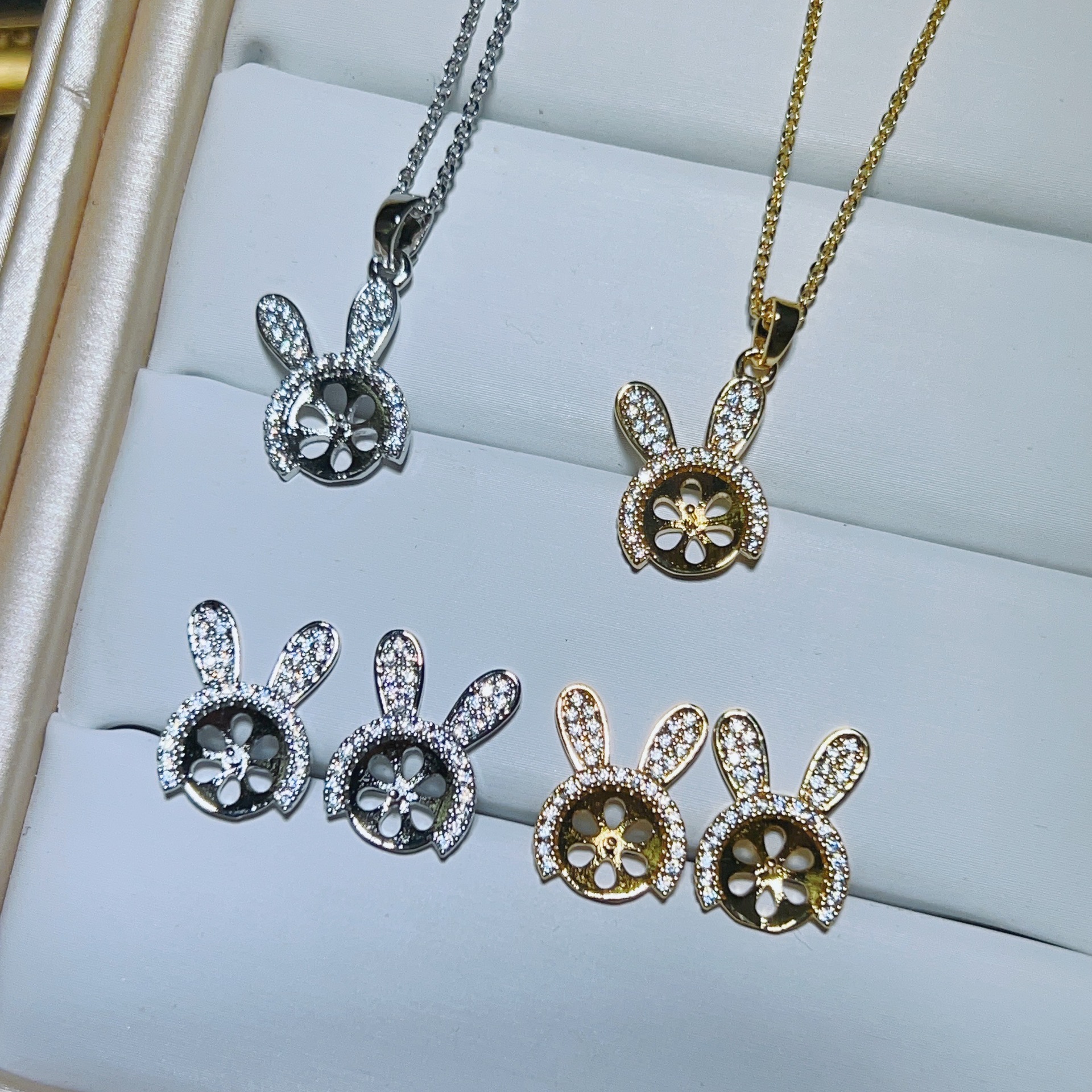 Silver Needle 18K Gold-Filled Micro-Set Zircon Triangle Earrings, Necklace, Ring Empty Mount DIY Earrings Pearl Accessories