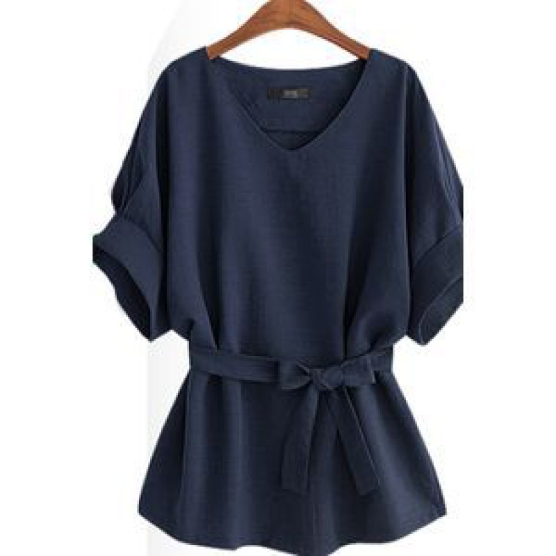 Summer Women's V-neck Linen Short Sleeve Shirt Batwing Sleeve Plus Size Loose Waist Cotton-linen Top