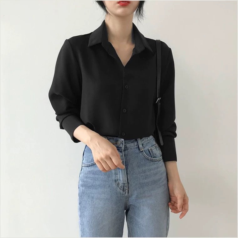 Black Chiffon Shirt Women Loose Polo Neck Long-Sleeve Top Professional OL Solid Color Hong Kong Style Base Blouse Women