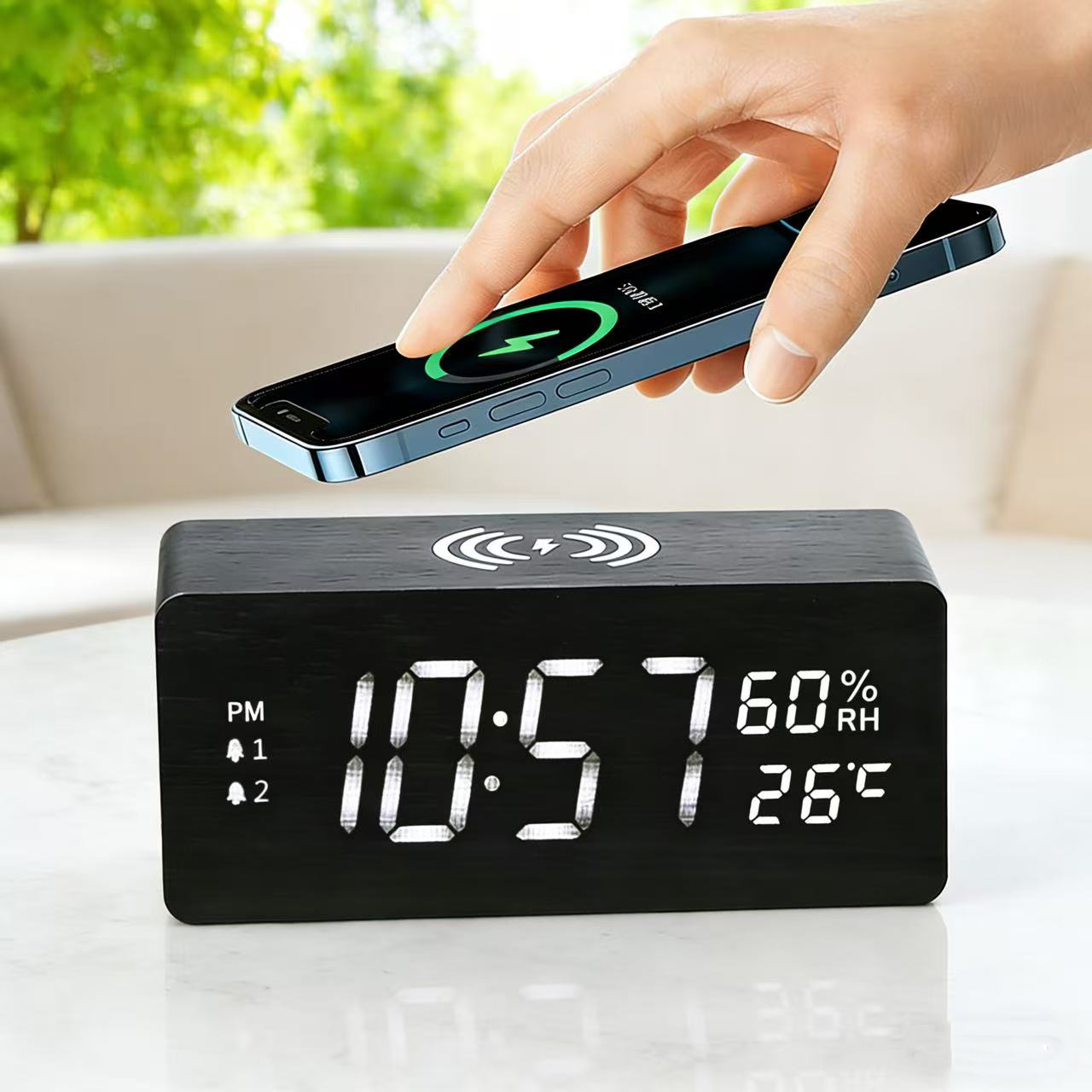 Multifunctional 10W Wireless Charging Wooden Alarm Clock Phone Wireless Fast Charging Temperature Clock LED Display Alarm Clock