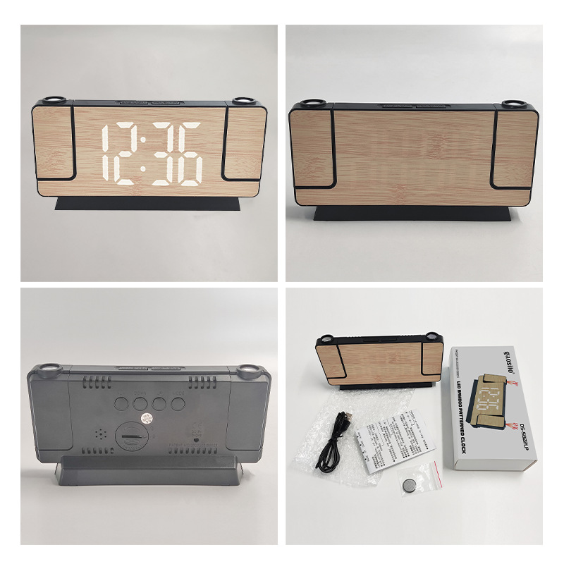 Bamboo grain dual projection electronic clock LED large screen smart temperature and humidity display clock