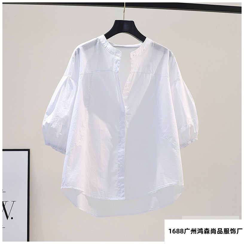 Summer Top Light Blue Stand Collar Lantern Sleeve Shirt Women Fresh Loose Casual Blouse