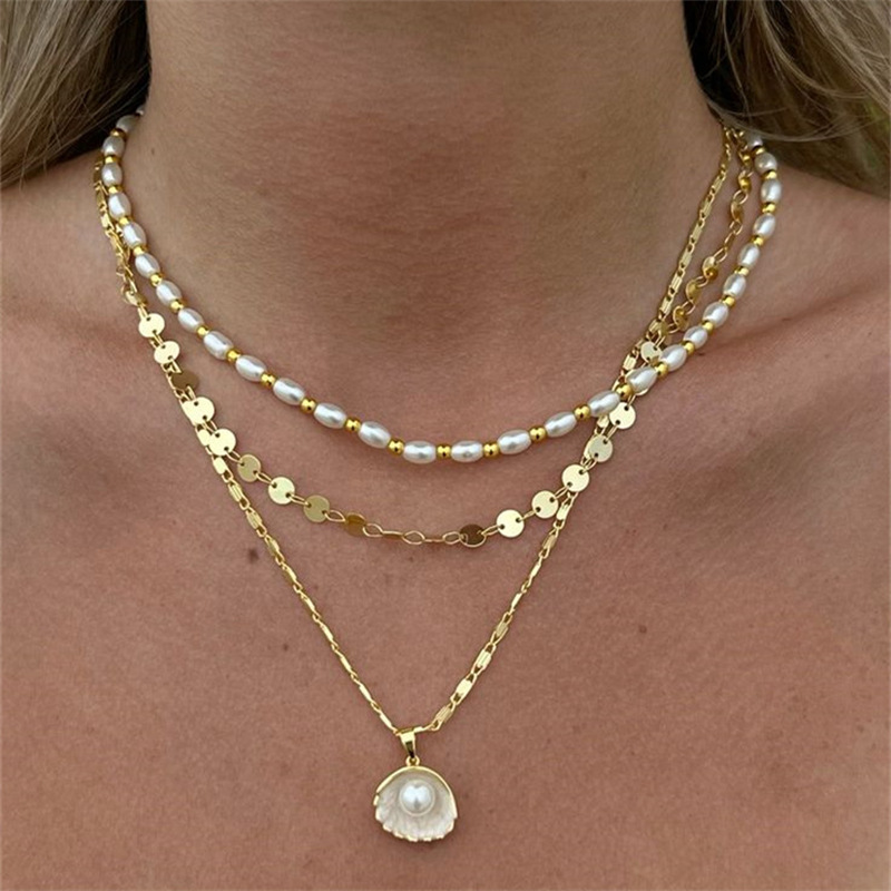 Unique Design Ocean Style Shell Starfish Double Layer Imitation Pearl Collarbone Chain