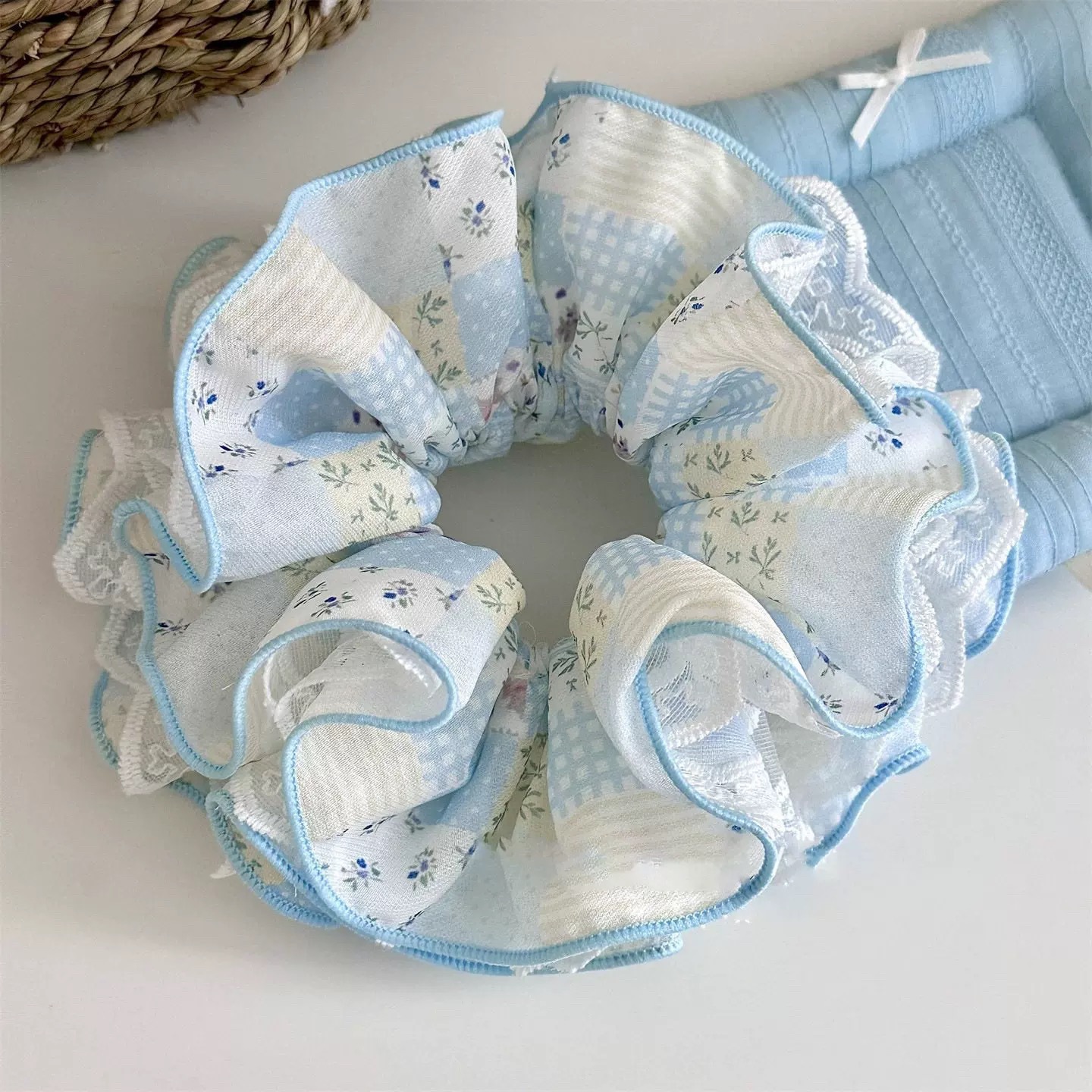 66#海盐柠檬茶黄蓝条纹碎花发圈约15cm