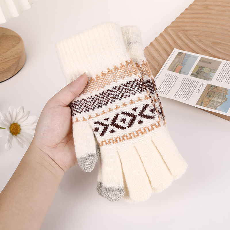 Knitted Jacquard Touch Screen Warm Gloves Women Autumn Winter Men Outdoor Fleece-Lined Thick Anti-Cold Full-Finger Knitted Gloves