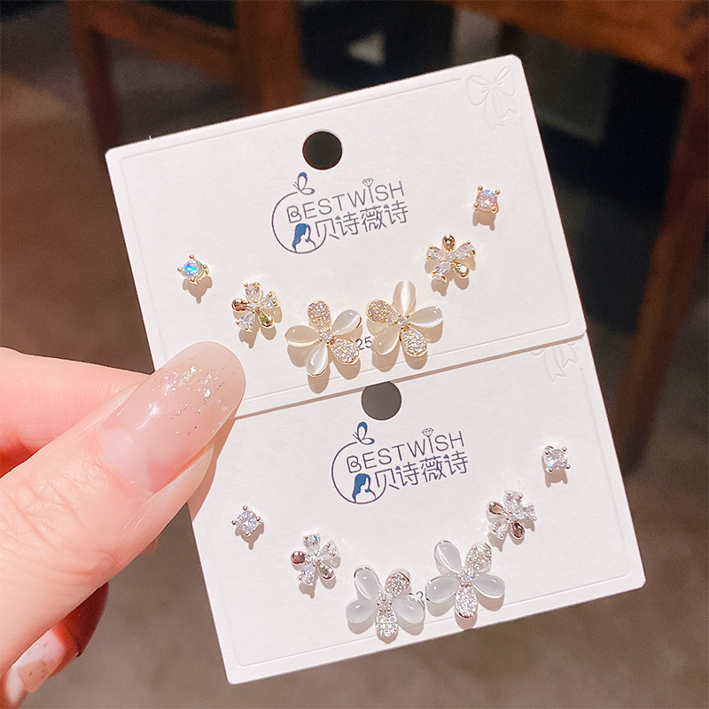 2026 batch #2 copper gold-plated zircon three pairs of small earrings set, silver needle earring accessories