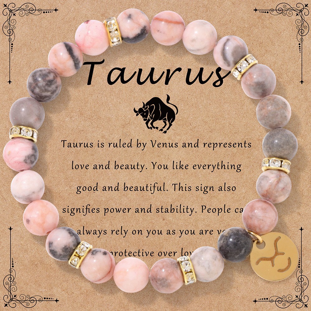 New twelve zodiac bracelet pink zebra stone beads elastic rope couple bracelet card pack birthday