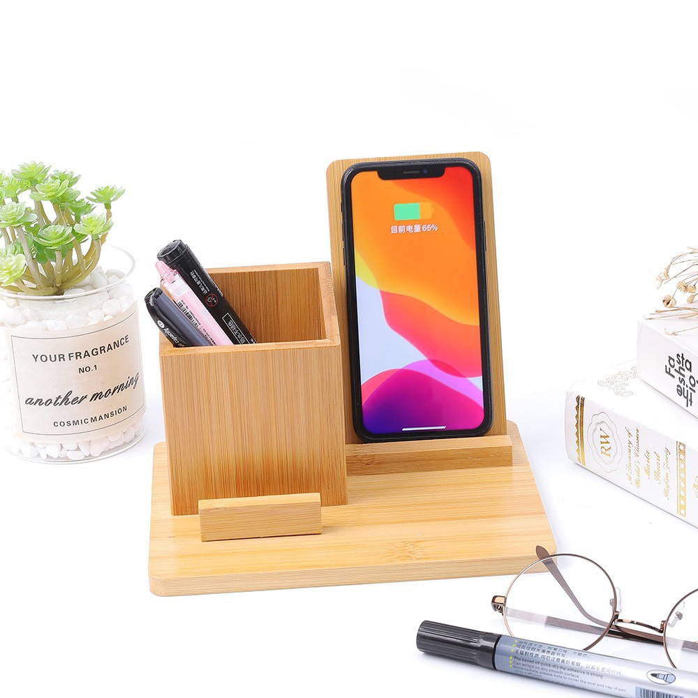 Bamboo Wood Desktop Storage Stand Simple Multifunctional Pen Holder Pure Bamboo Wireless Charging Desktop Office Decoration Gift