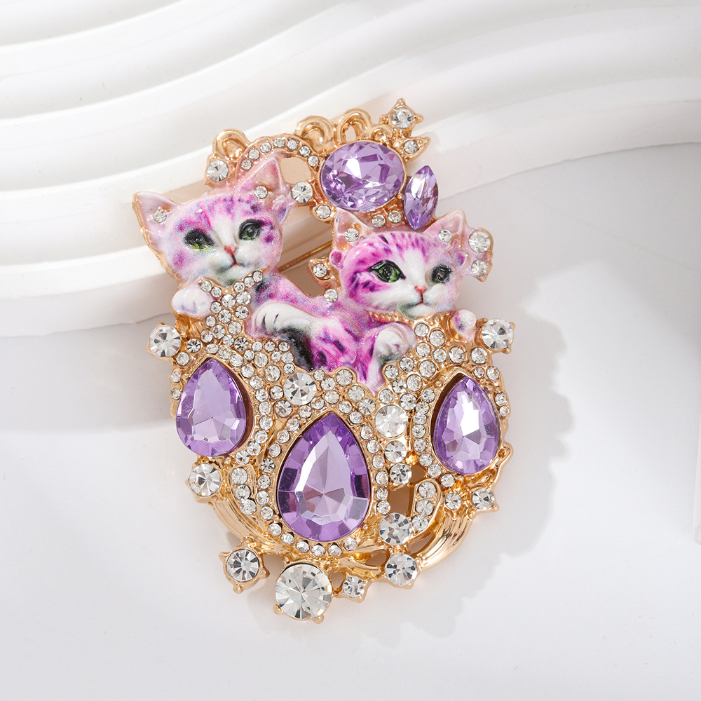 Rhinestone Double Cat Brooch Cute Animal Eco-Friendly Corsage Women's Pin Accessory