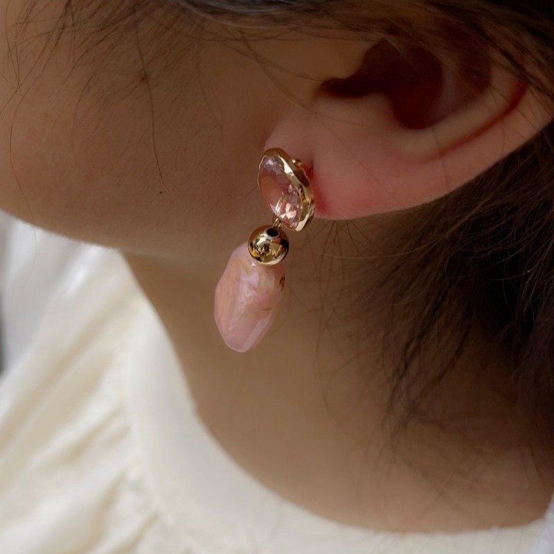 New 18K Metal Style Pink Jade Earrings 925 Silver Needle Sweet Simple Summer Ear Accessories