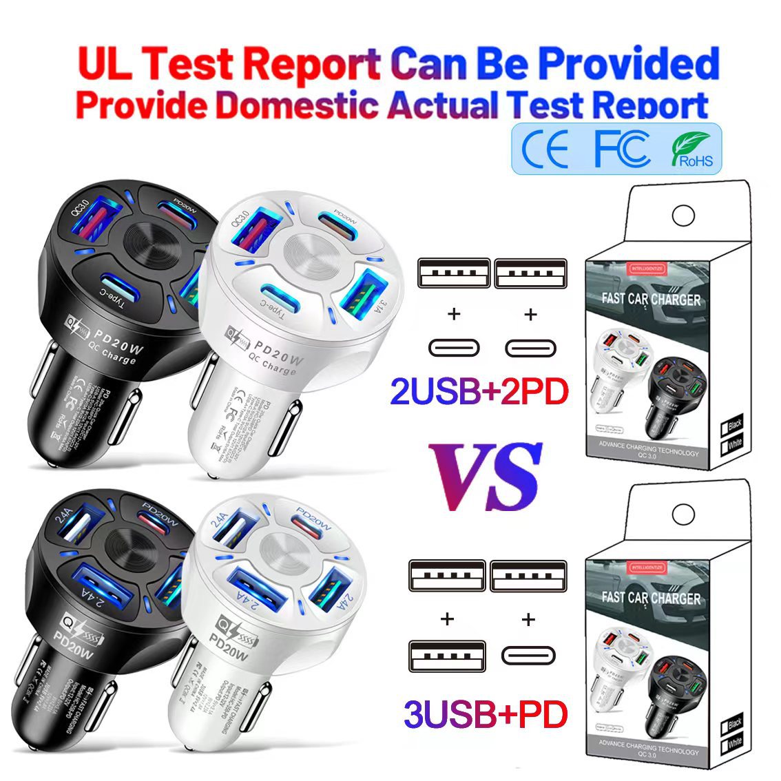 66W 7A QC3.0 Car Phone Charger 5USB 4-Port QC3.0 Fast Car Charger