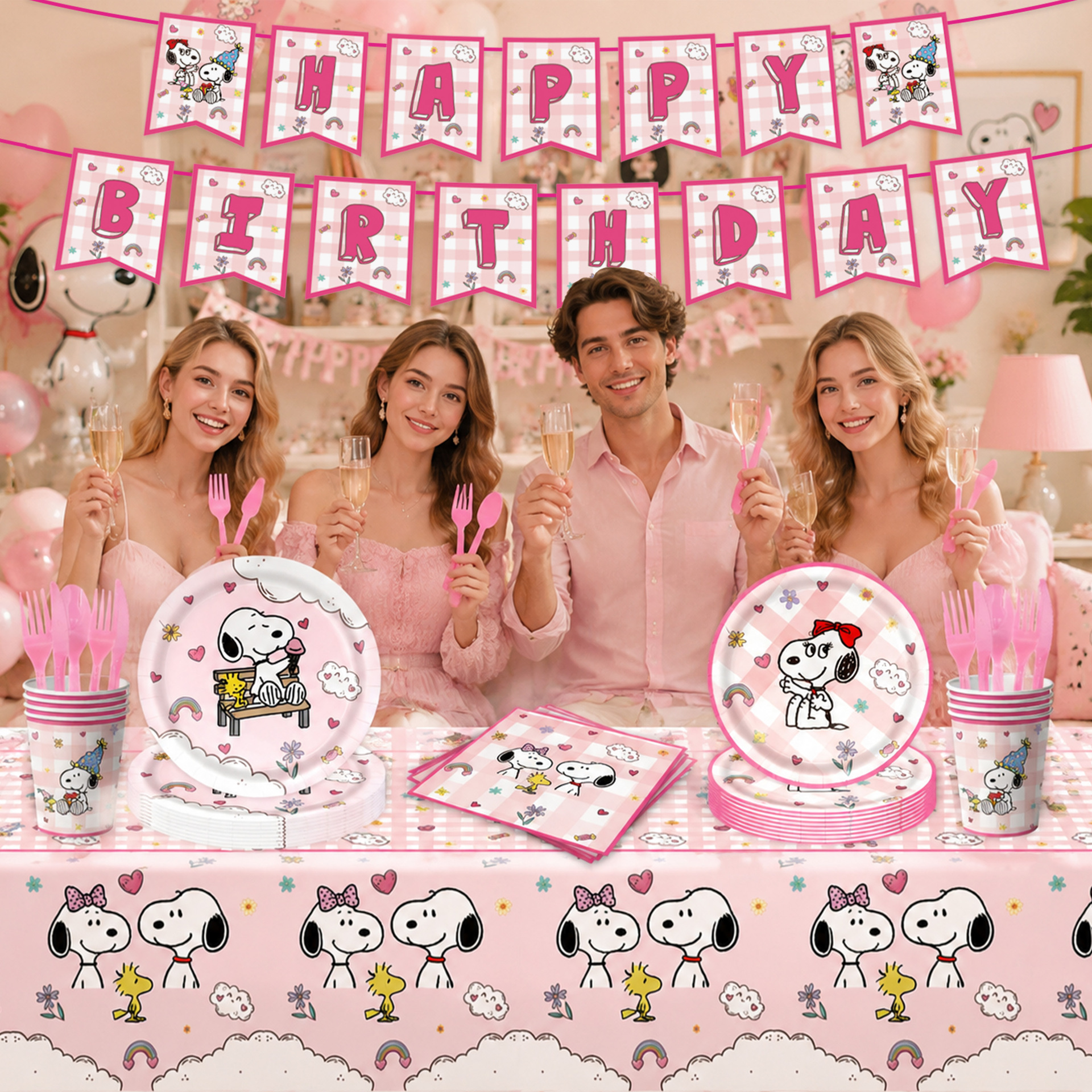 New Pink Snoopy Theme Party Tableware Disposable Paper Plate Napkin Paper Cup Tablecloth Bunting Flag Decoration