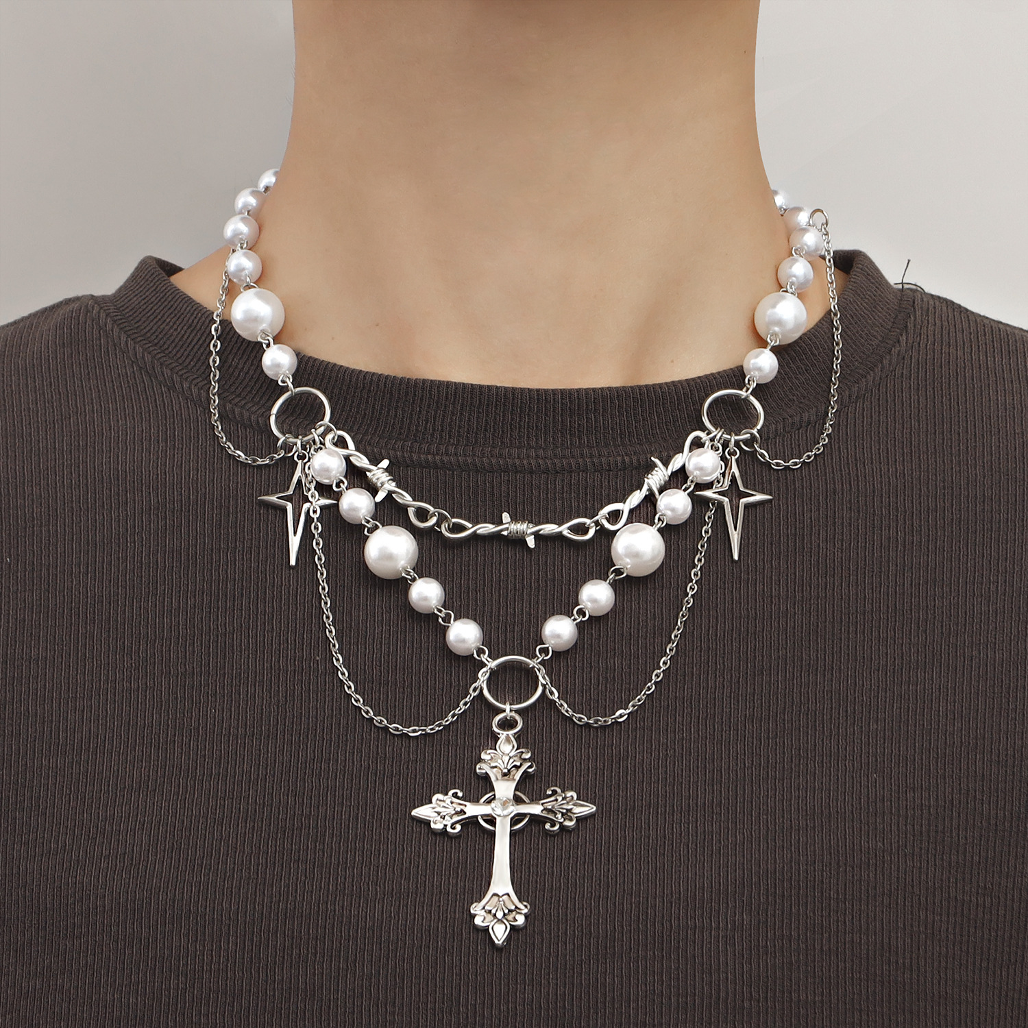 Accessories Double Layer High Gloss Pearl Tassel Cross Star Cross Necklace for Women