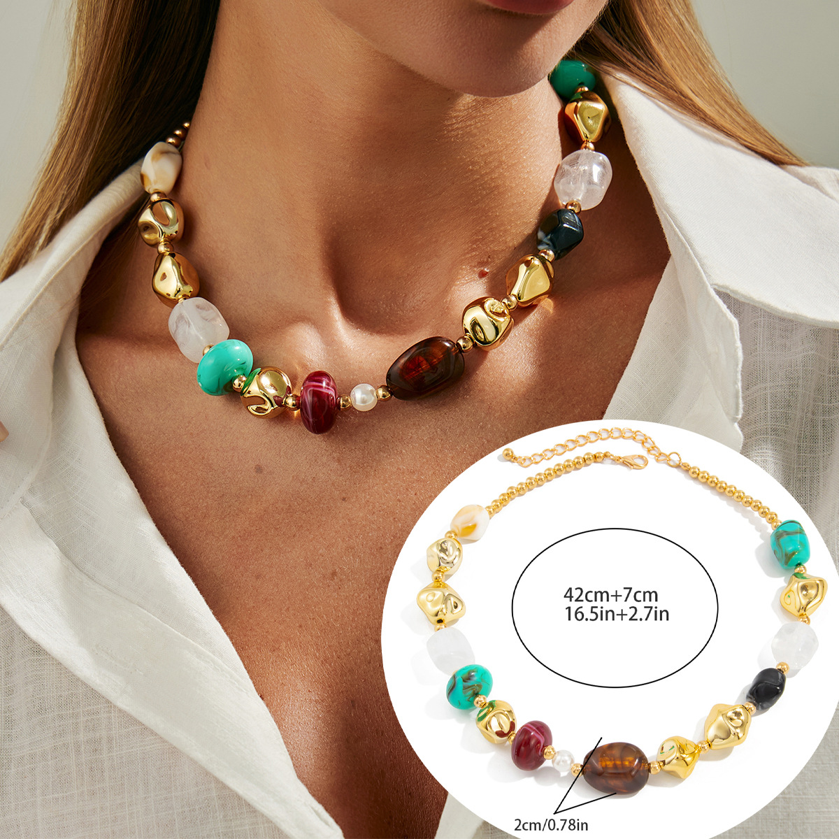 Bohemian colorful resin beaded necklace irregular CCB beads layered neck ornament