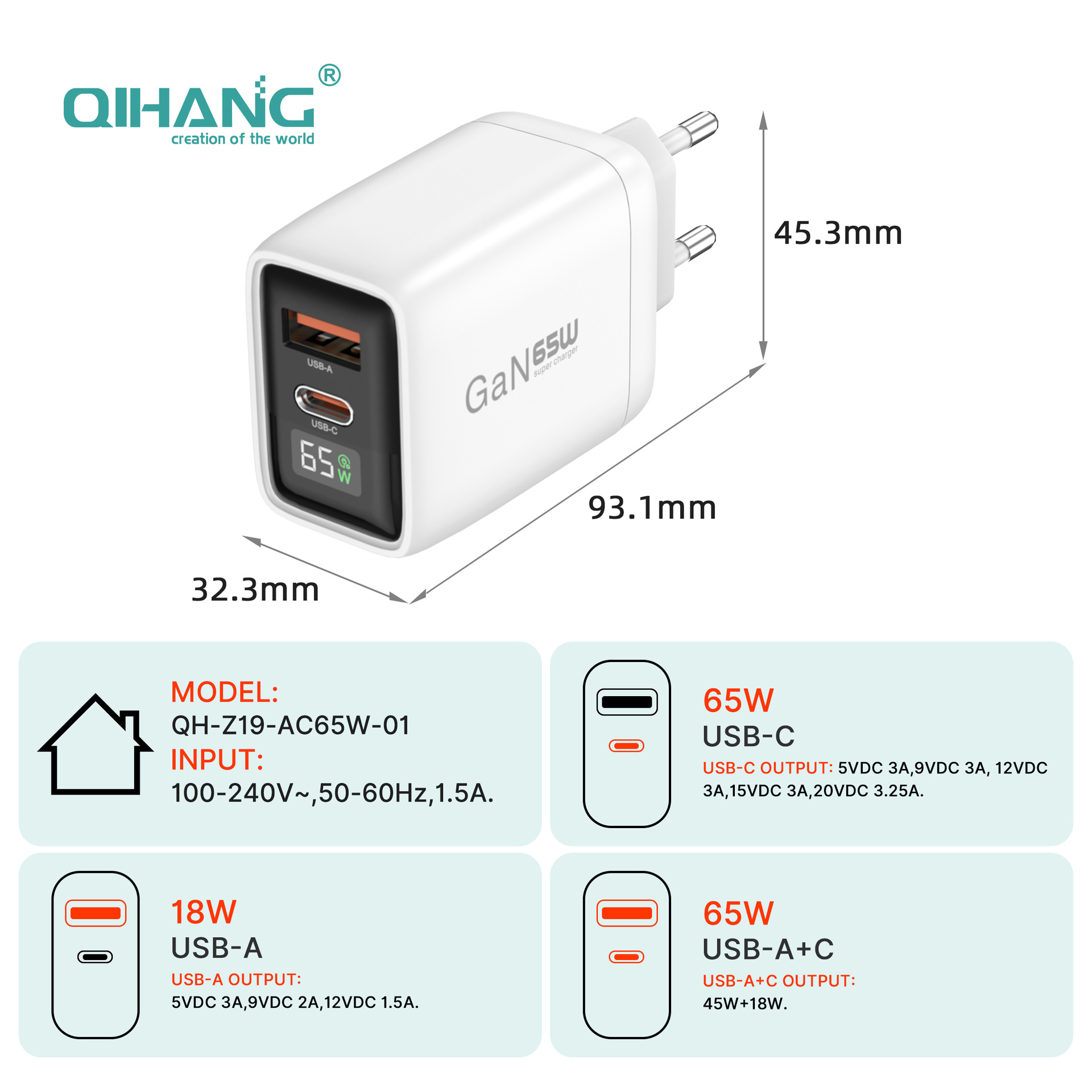 PD65W GaN Charger Compatible with Apple Huawei Xiaomi Phone Digital Display Charger Multi-Port Custom