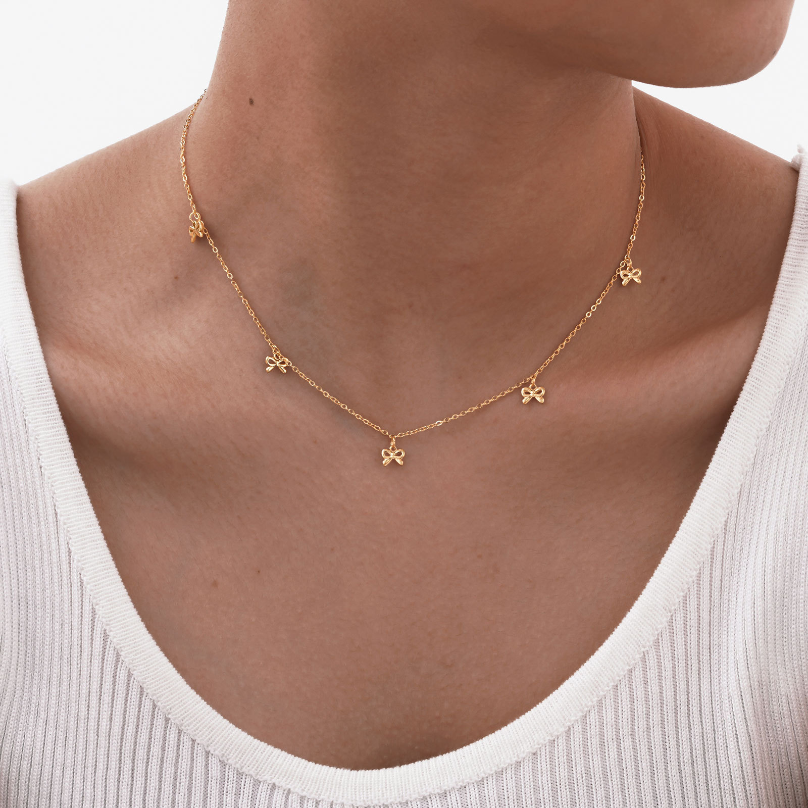 Huanmu Accessories Necklace Stainless Steel Flat Cross Chain Bow Summer Collarbone Chain Gold