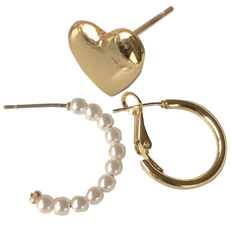 S925 silver needle simple heart-shaped ear studs C-shaped pearl earring three-piece set ear accessories 2664