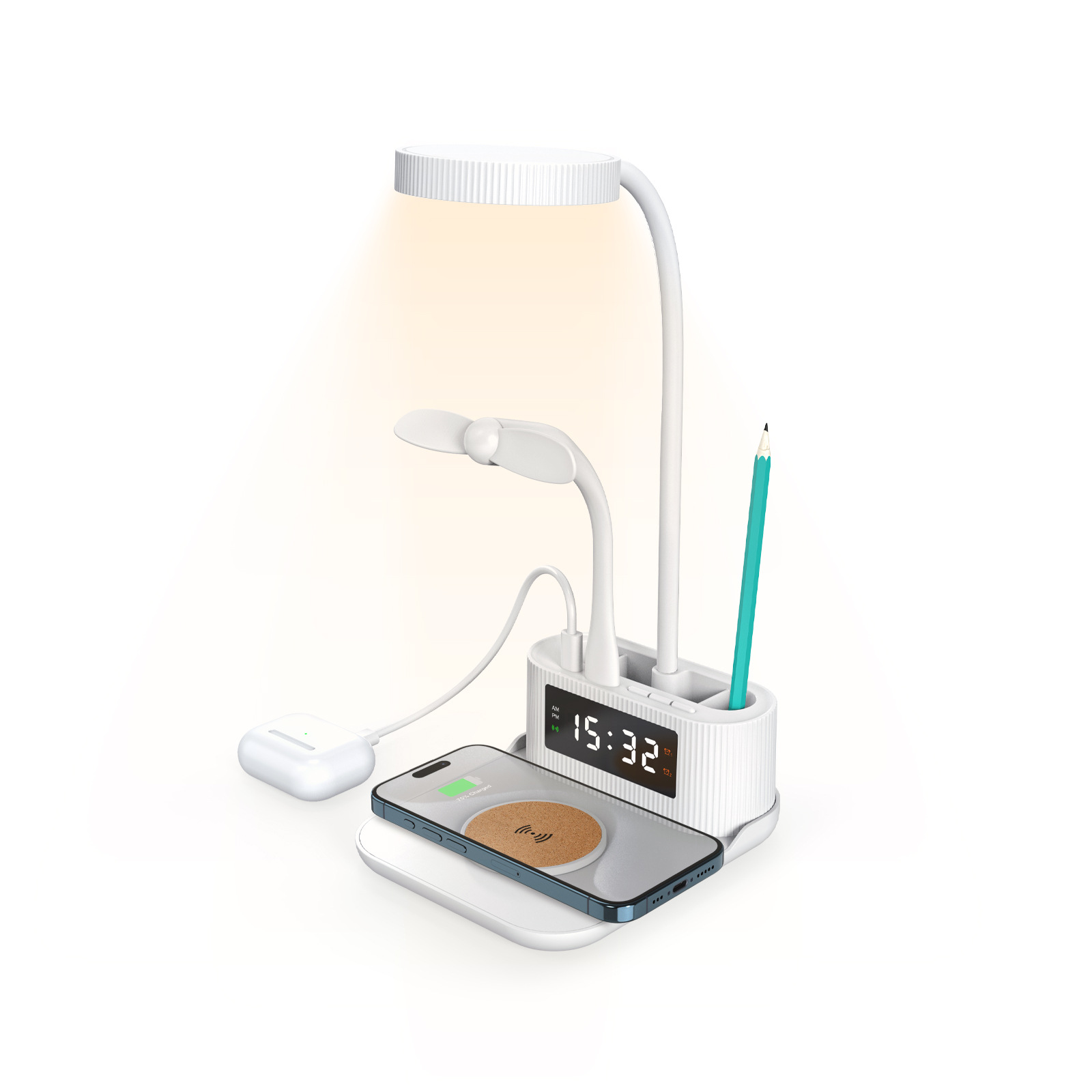 2024 New with Clock Alarm Pen Holder Desk Lamp Wireless Fast Charger 6-in-1 Multifunctional 15W Wireless Charger