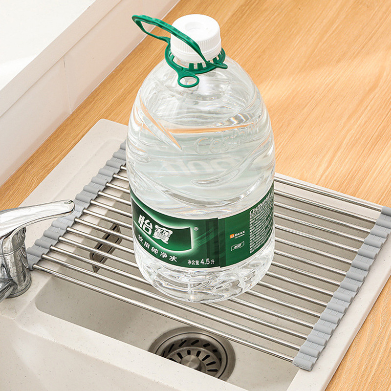 304 Stainless Steel Drain Roller Kitchen Sink Dish Drying Rack Foldable Drain Rack Anti-mold Silicone Shelf
