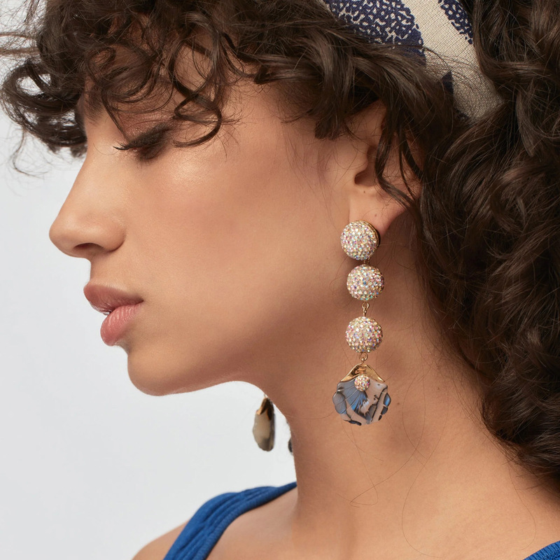 Polymer clay full diamond gem ball fan-shaped luxurious long ear studs earrings le
