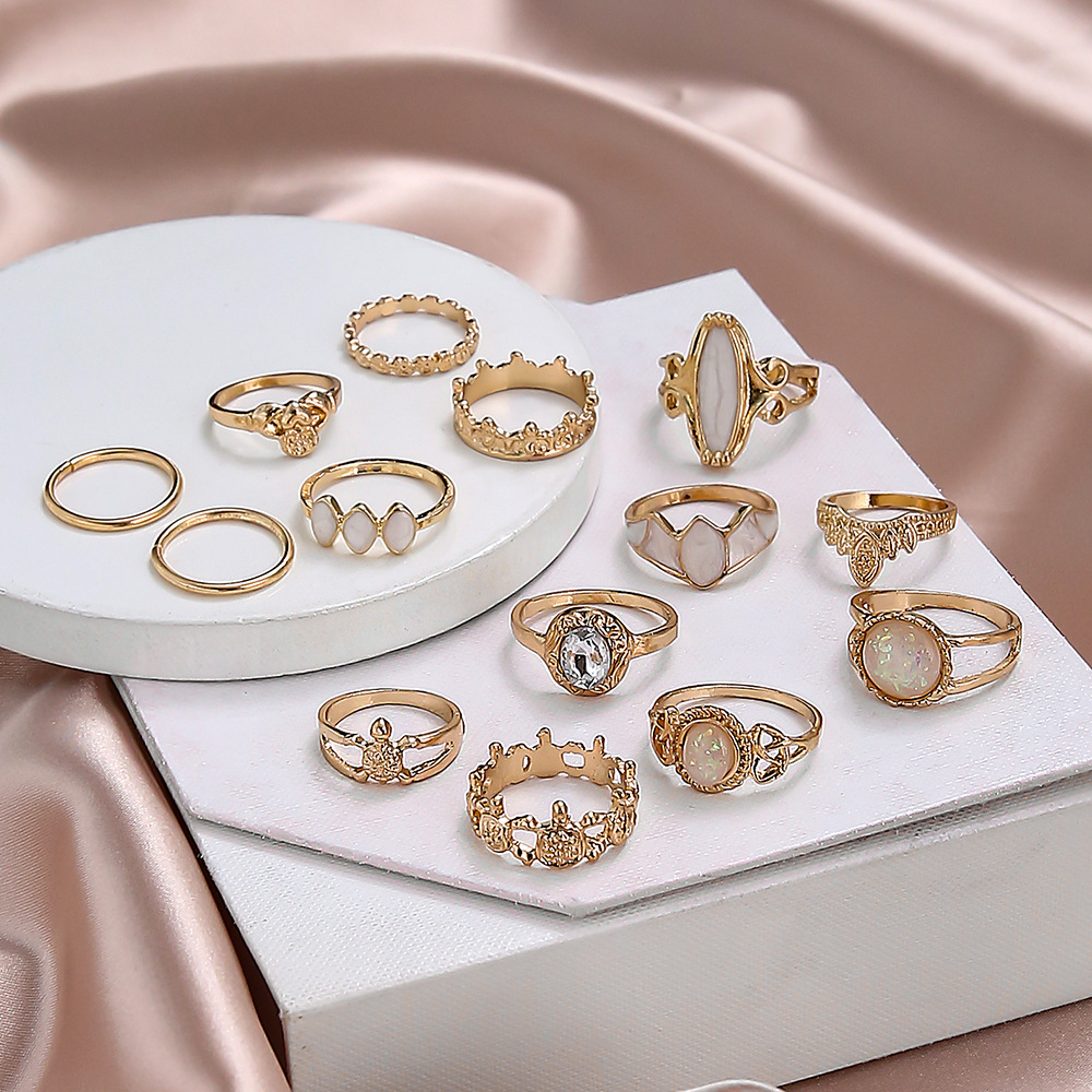 Imitation Amber Accessory Diamond Carved Star Gemstone 14-Piece Combination Ring Set