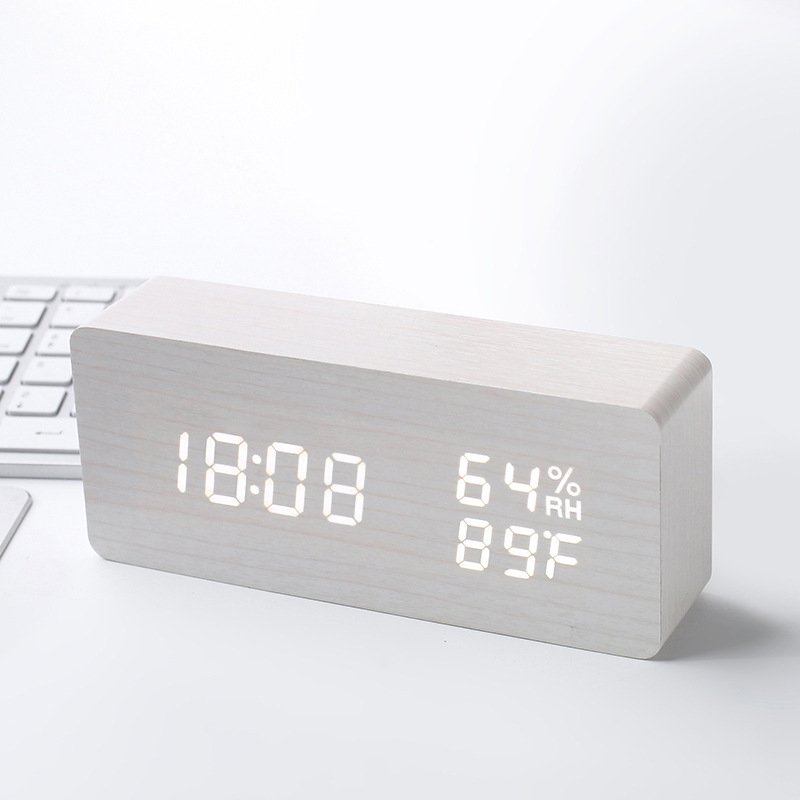 PVC Wooden Digital Alarm Clock Perpetual Calendar Temperature and Humidity Clock LED Triangular Electronic Clock Voice Control LED Wooden Clock