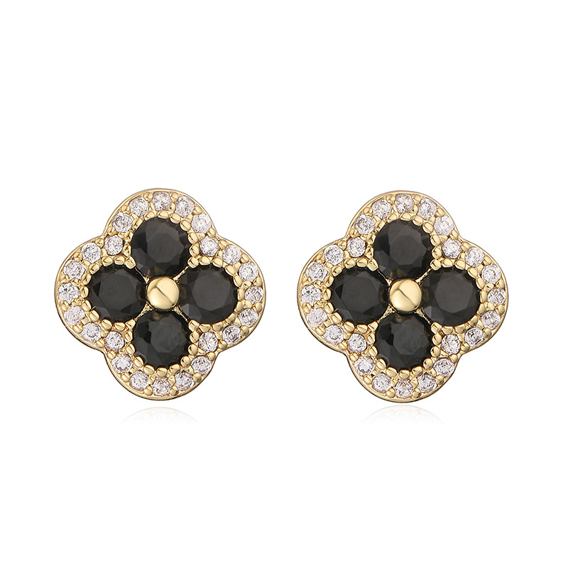 Copper Inlaid Colorful Diamond Four-Leaf Clover Stud Earrings for Women Flower Petal Earrings Earrings