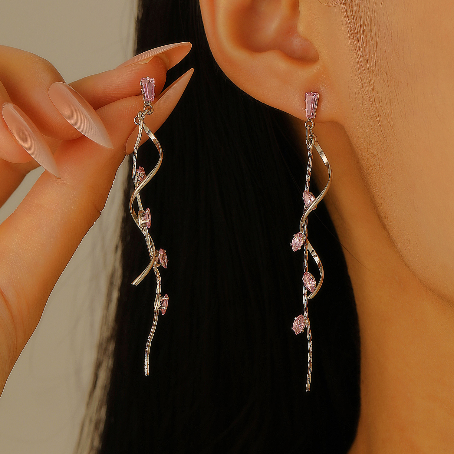 Long Zircon Tassel Earrings Women Twisted Stud Earrings Ear Decor