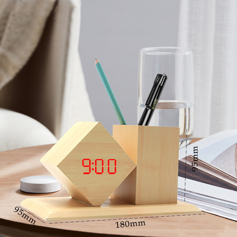New Wooden Clock LED Smart Alarm Clock Home Office Desktop Pen Holder Wooden Clock Smart Electronic Clock