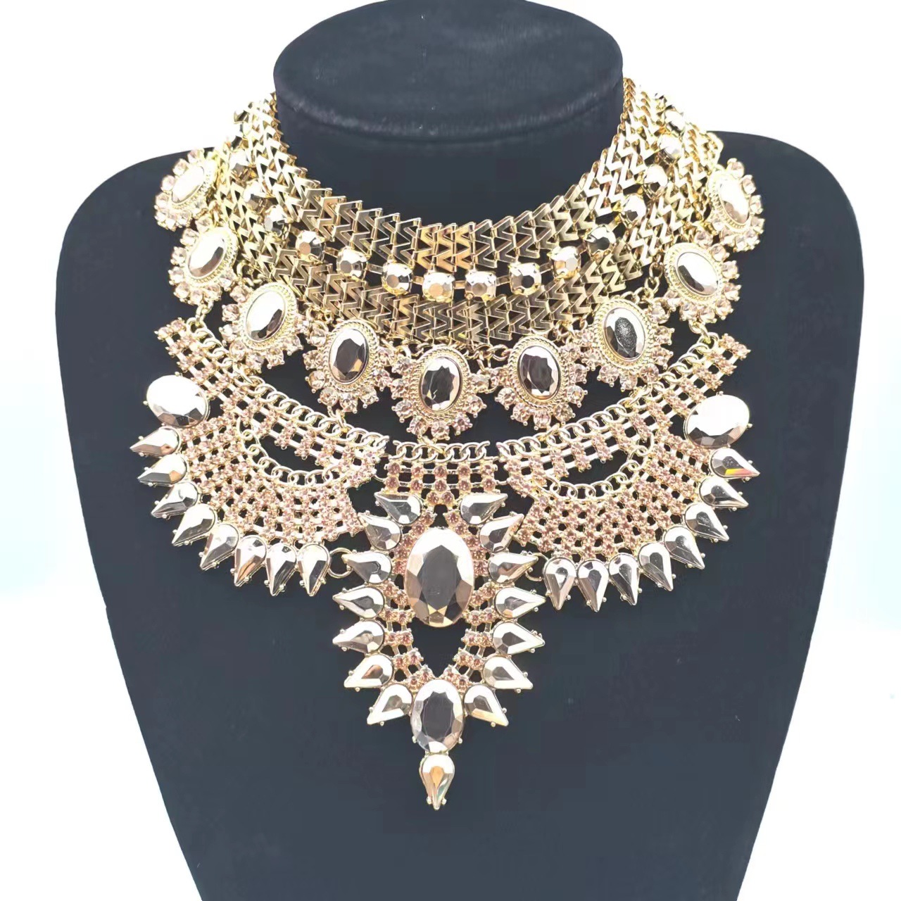 Multi-layer exaggerated full rhinestone necklace alloy crystal ornament