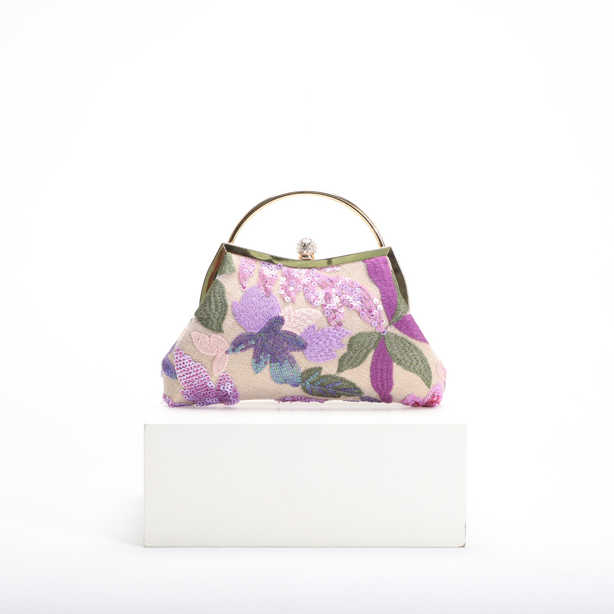 Women's Bag New Linen Bag Heavy Sequins Mesh Splicing Embroidery Clutch Evening Bag Elegant Handbag