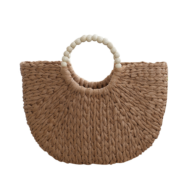 Handbag New Straw Bag Round Bead Handle Summer Woven Women's Bag Large Capacity Beach Handmade Vacation Bag