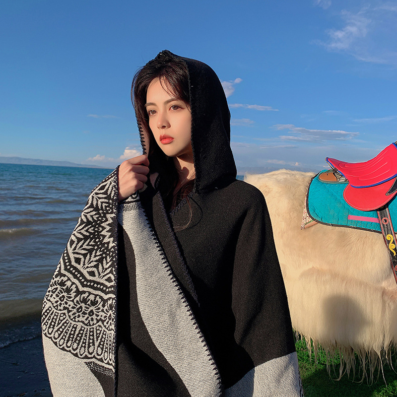 Hat Knit Cape Women Woven Warm Double-Sided Shawl Autumn Winter New Air Conditioning Shawl