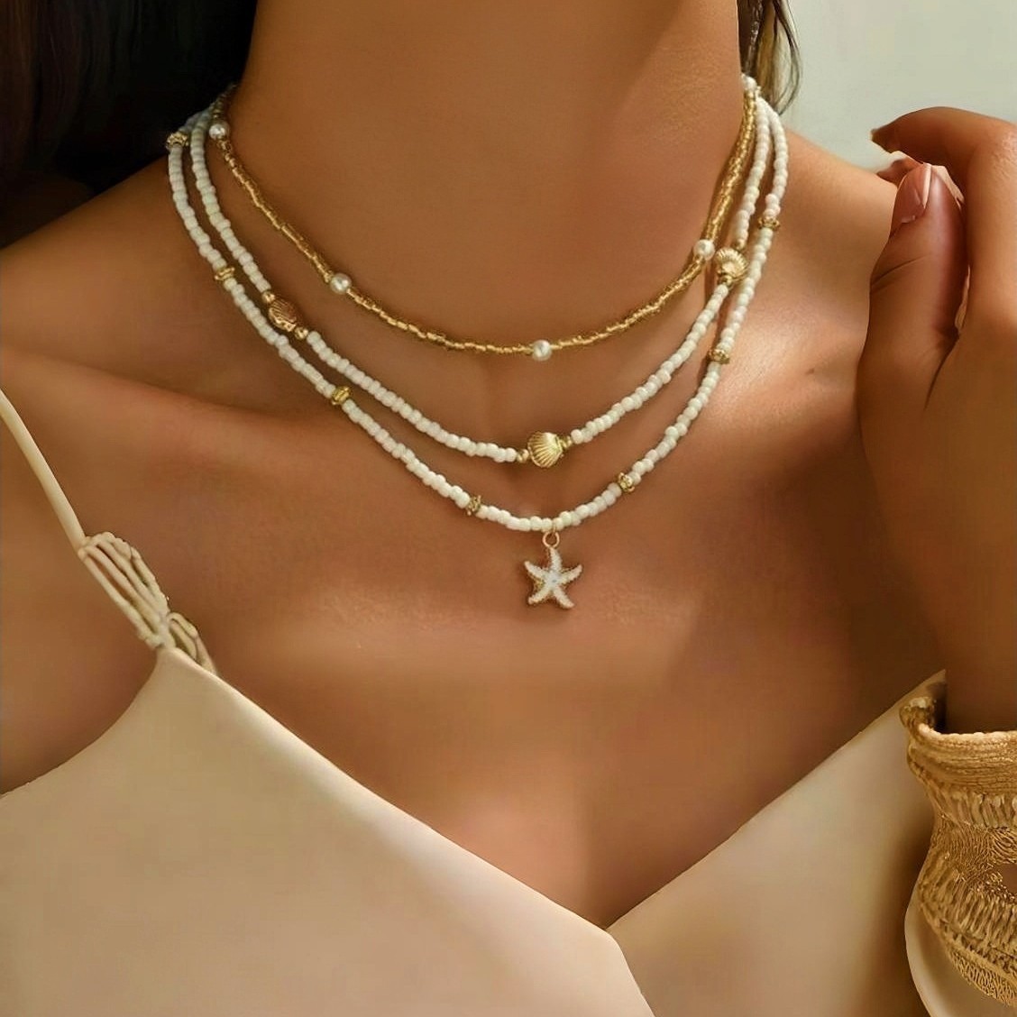 NZ3345 New Polymer Clay Pearl Layering Necklace Summer Starfish Seed Bead Necklace