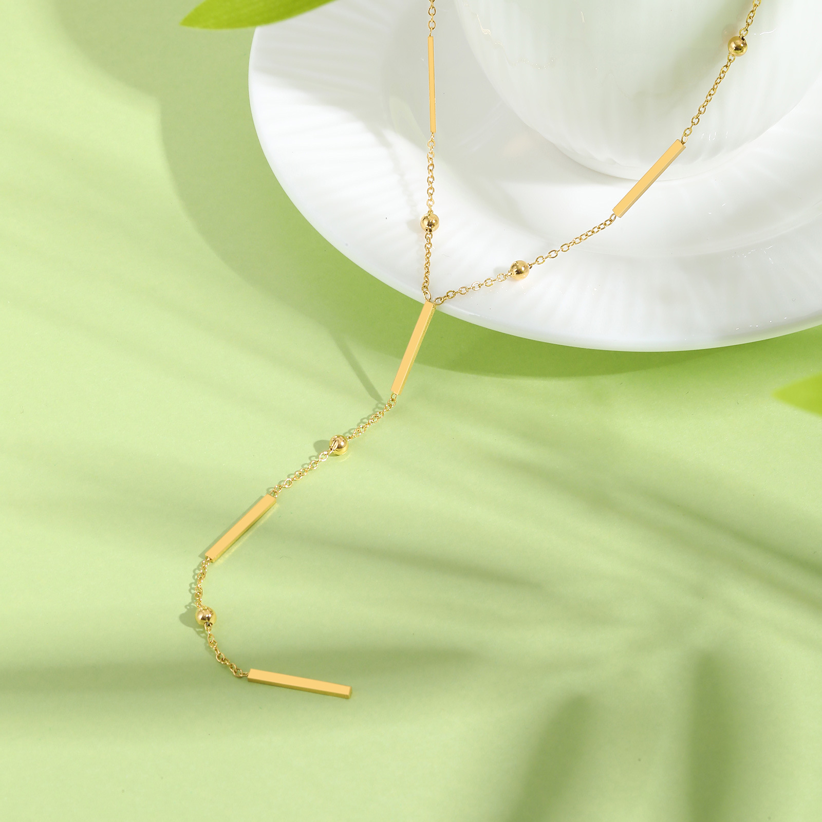 Huanmu Stainless Steel Women's Square Bar Spacer Collarbone Chain Y-Shape Tassel Necklace Gold Sweater Chain Summer