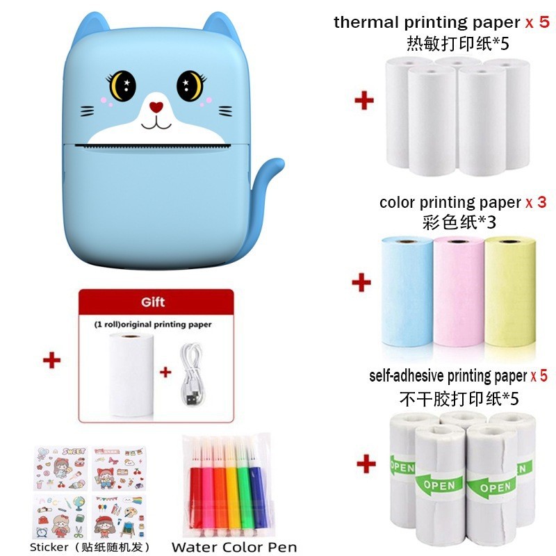 A8猫咪-蓝色-英文版【自带1卷热敏纸+5卷热敏纸+3卷彩色纸+5卷不干胶+6支水彩笔+贴纸】