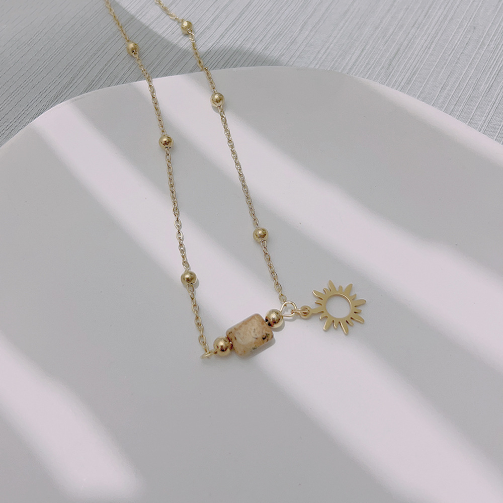New Natural Picture Stone Jewelry Set: Titanium Steel Necklace with 18K Gold Plating